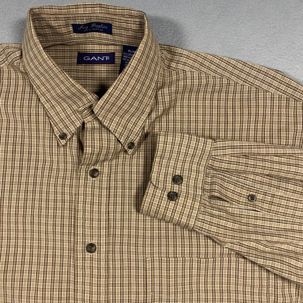 Gant Ivy Poplin Button Down Shirt Mens Medium Tan Brown Plaid Long Sleeve